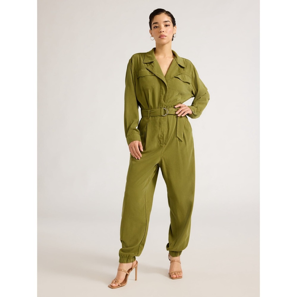 Sofia Jeans Womens Utility Jumpsuit Front Button 26" Inseam Green Olive Size L